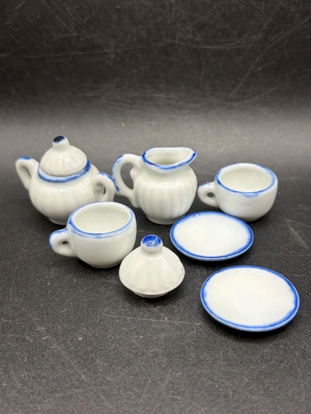 Vintage Miniature Mini Dollhouse Blue  White Porcelain Tea Set Accessories Cups+